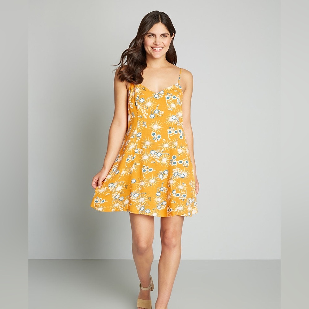 ModCloth Yellow Blue Novelty Glasses Print Blue Sleeveless Mini Dress - Medium
